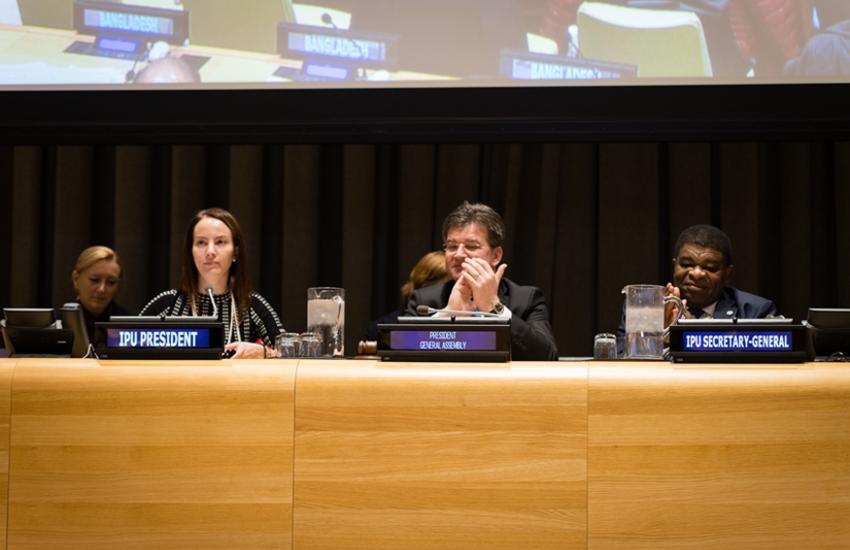 IPU President Gabriela Cuevas Barron, President of the General Assembly Miroslav Lajčák and IPU Secretary General Martin Chungong