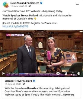Question time 101” webinar via Zoom with the Speaker of the Parliament of New Zealand