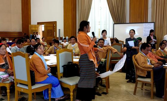 Lady speaking at IPU event in Myanmar 